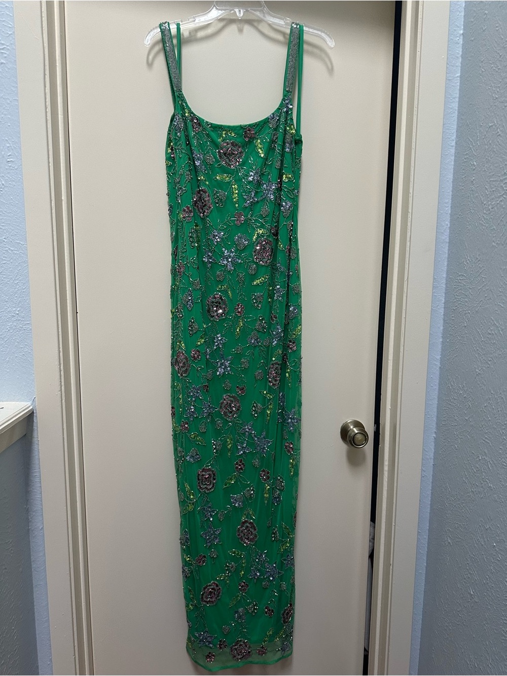 Mac Duggal Emerald Green Beaded Floral Maxi Slip Dress